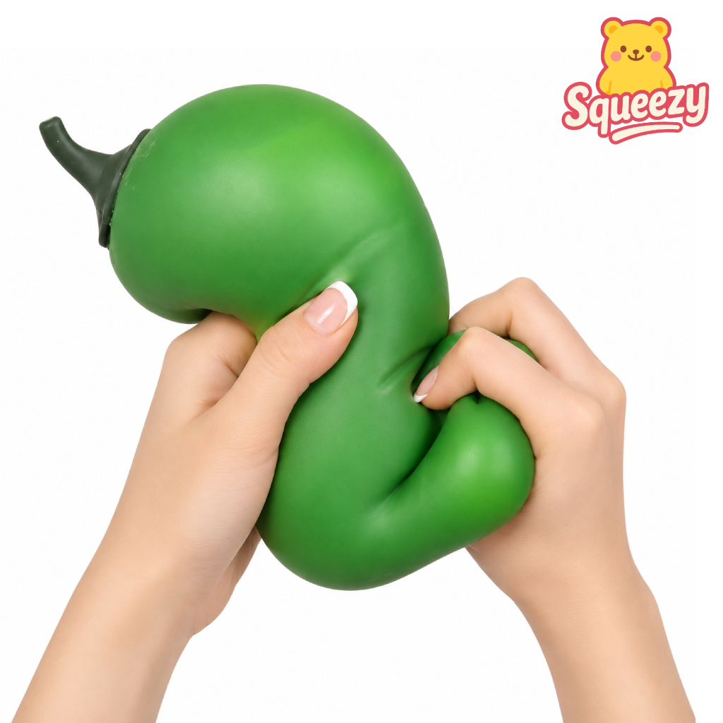 Hands squeezing Giant Green Chili Pepper Jumbo Squishy – extra large slow rising stress relief toy