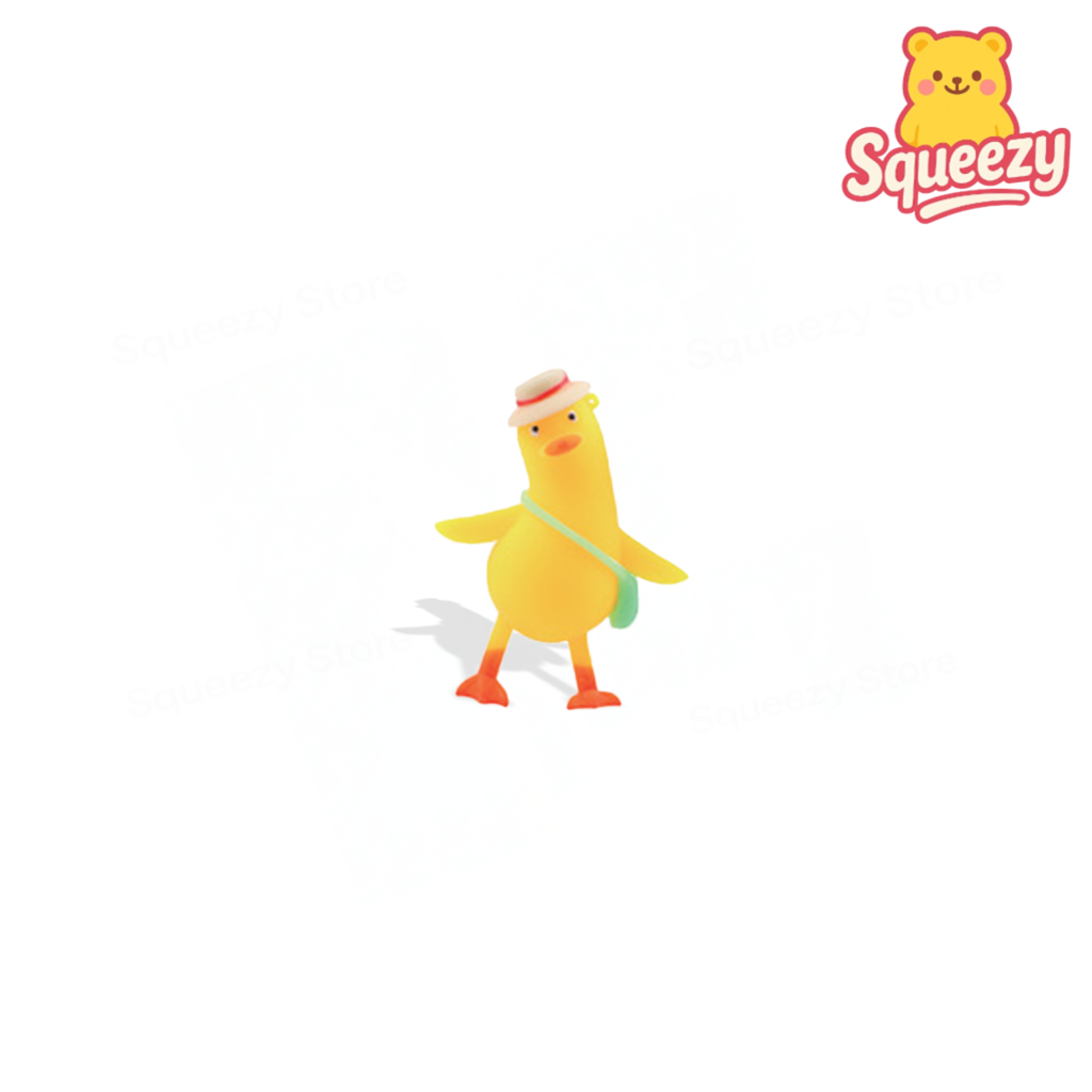 Yellow Happy Duck soft EVA stress relief toy with orange beak and feet.