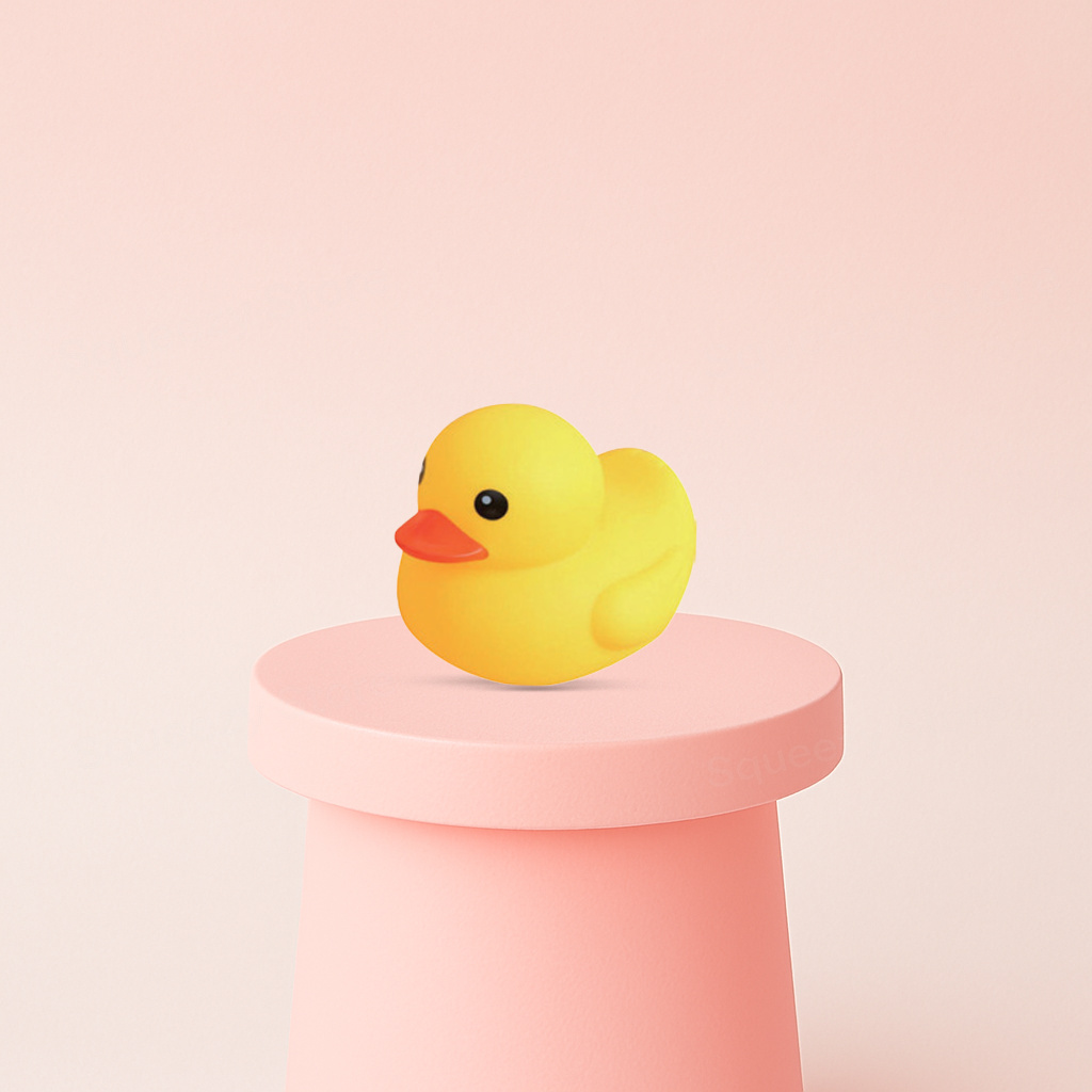 Huge Size EVA Duck displayed on a pastel stand, giant soft sensory toy for stress relief.