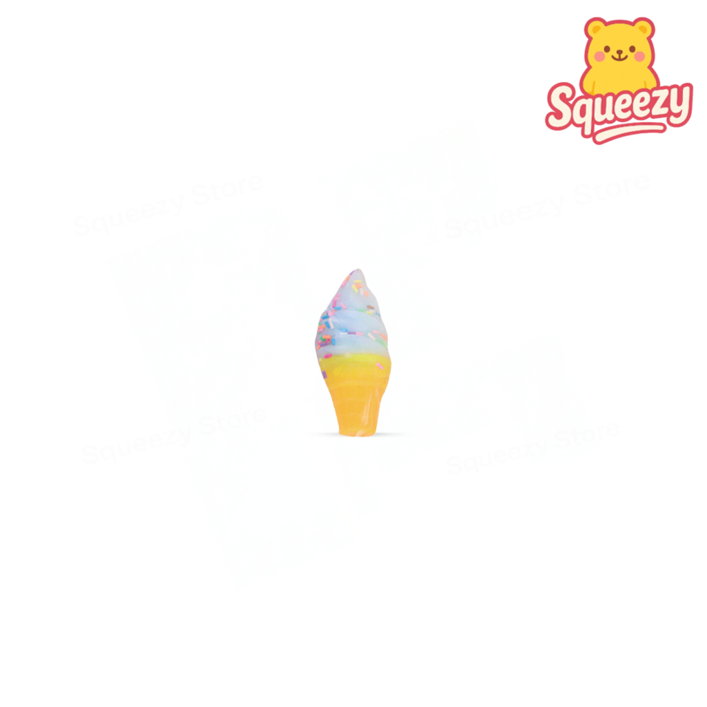 Ice Cream Cone Squishy cute stress relief toy designed as a swirled rainbow ice cream cone with sprinkle details.