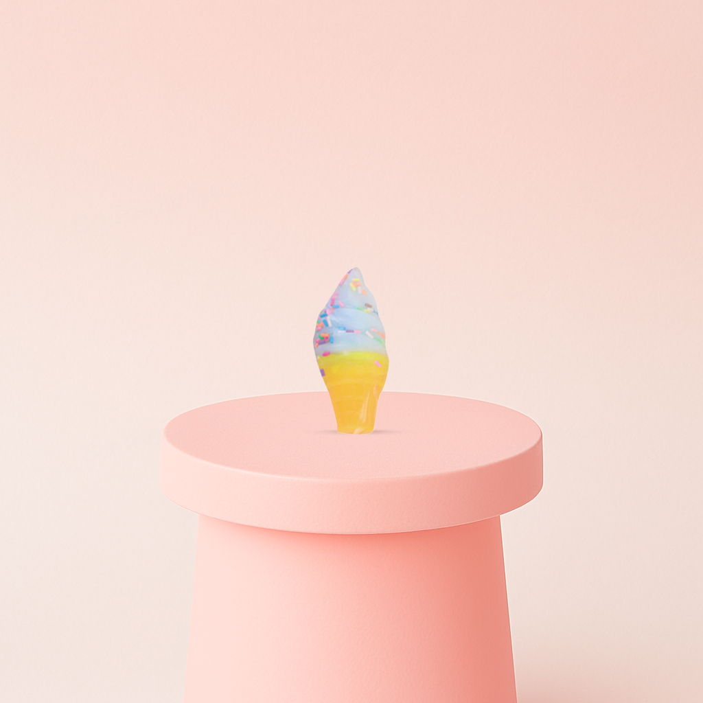 Ice Cream Cone Squishy shaped like pastel rainbow soft-serve ice cream with colorful sprinkles in a waffle cone.