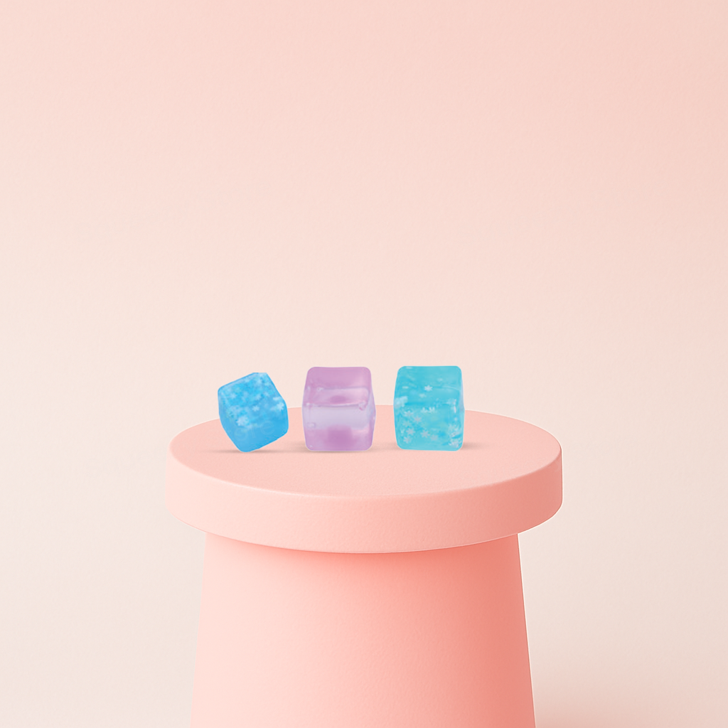 Ice Cube with Maltose collection featuring crystal-clear cube-shaped squishies filled with sparkling glitter.