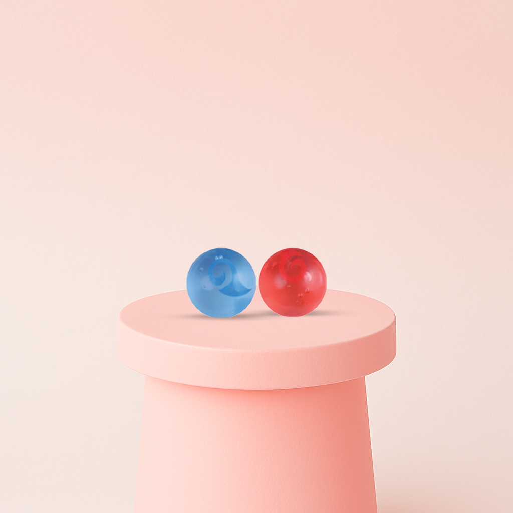 Ice and Fire Maltose Ball translucent stress relief balls in red and blue colors.