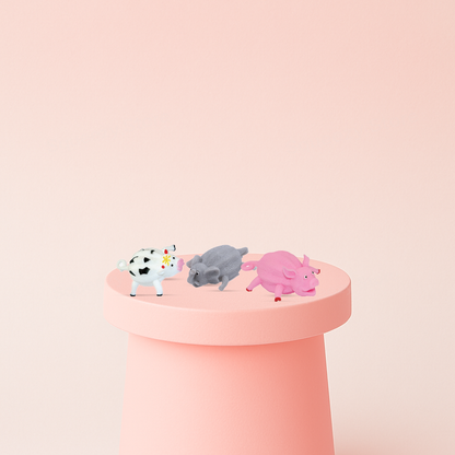 Inflatable Animal collection featuring a white cow, gray rhinoceros, blue fish, and pink pig.