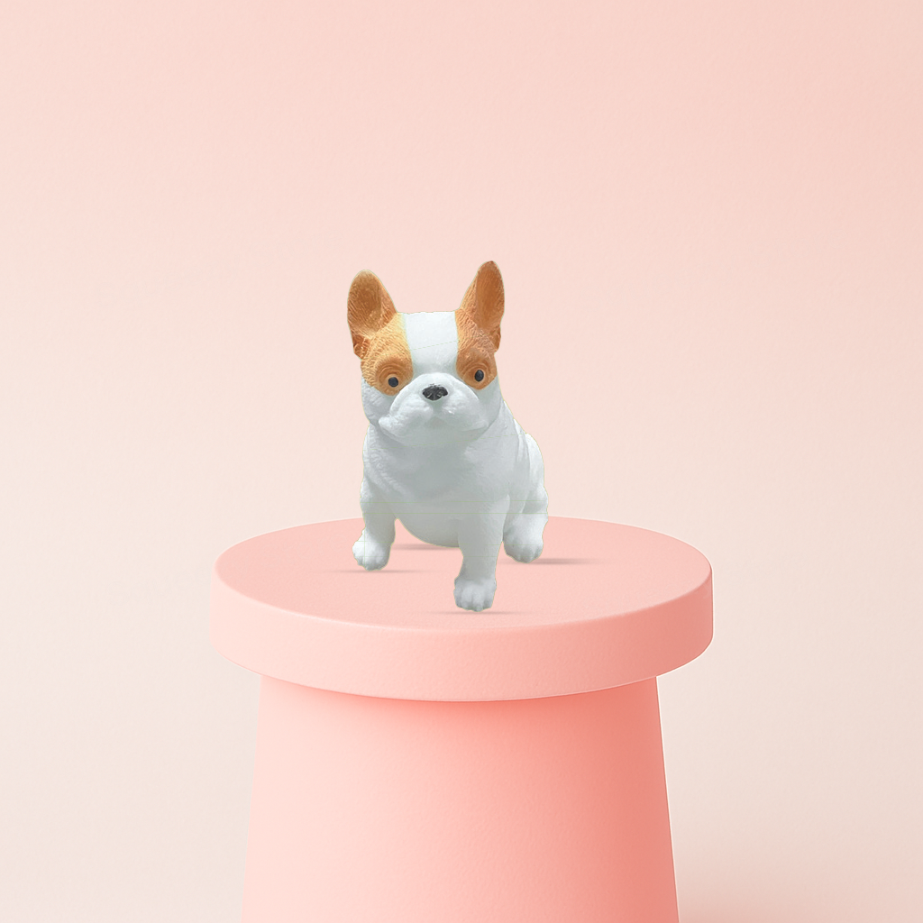 Jumbo Bulldog Squishy displayed on a pastel stand, ultra-soft slow-rising sensory toy for stress relief.