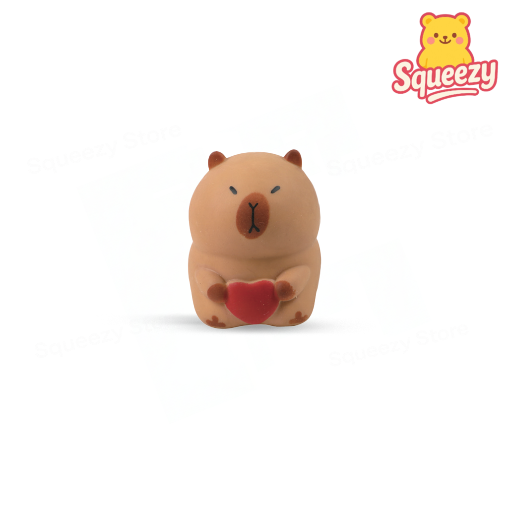 Jumbo Capybara with Heart displayed on a pastel stand, soft slow-rising sensory toy for stress relief.