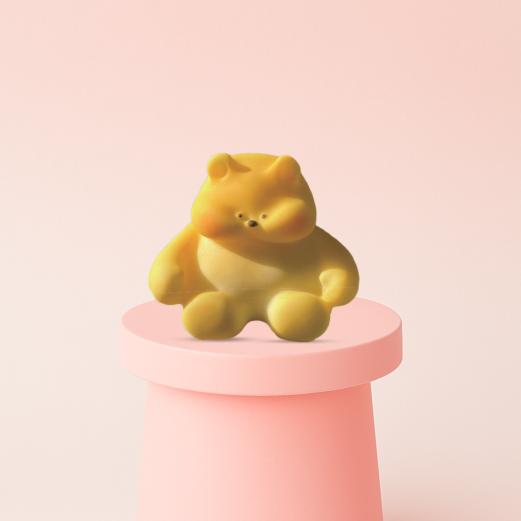 Jumbo Chilling Bear Squishy displayed on a pastel stand, ultra-soft slow-rising sensory toy for stress relief.