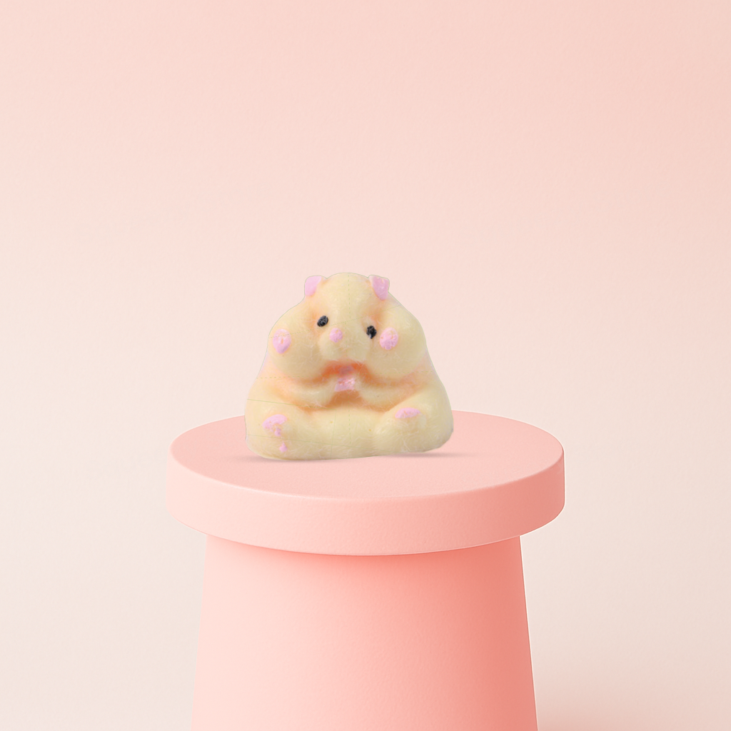 Jumbo Cute Hamster Squishy displayed on a pastel stand, ultra-soft slow-rising sensory toy for stress relief.
