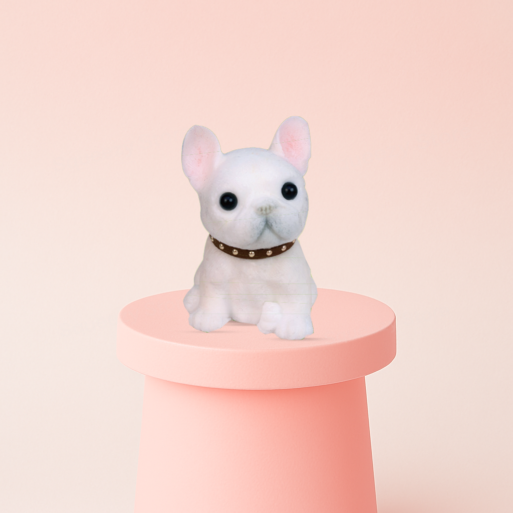 Jumbo French Bulldog Squishy displayed on a pastel stand, ultra-soft slow-rising sensory toy for stress relief.