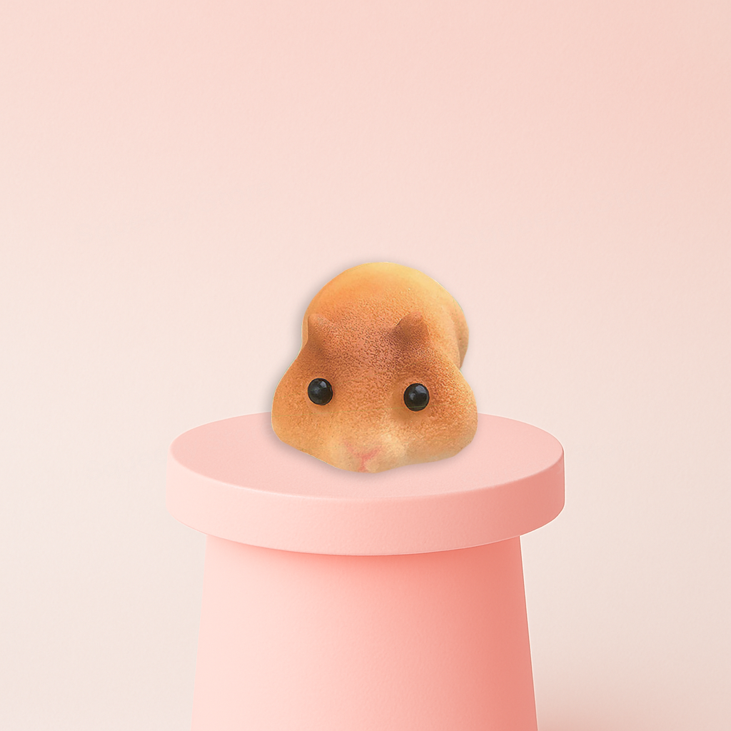 Jumbo Lying Hamster Squishy displayed on a pastel stand, ultra-soft slow-rising sensory toy for stress relief.