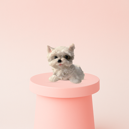 Jumbo Maltese Dog Squishy displayed on a pastel stand, ultra-soft slow-rising sensory toy for stress relief.