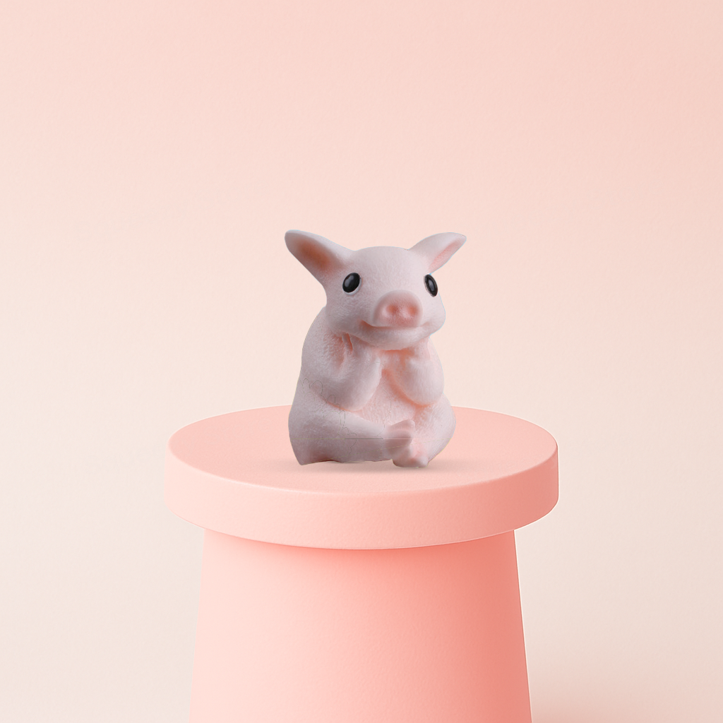 Jumbo Sitting Pig Squishy displayed on a pastel stand, ultra-soft slow-rising sensory toy for stress relief.