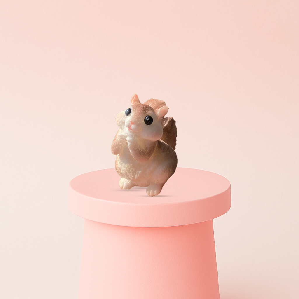 Jumbo Standing Squirrel Squishy displayed on a pastel stand, ultra-soft slow-rising sensory toy for stress relief.