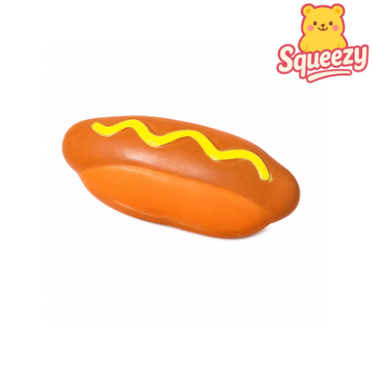 Keycraft Jumbo Hot Dog giant squishy featuring a realistic hot dog bun with mustard topping and soft slow rising foam