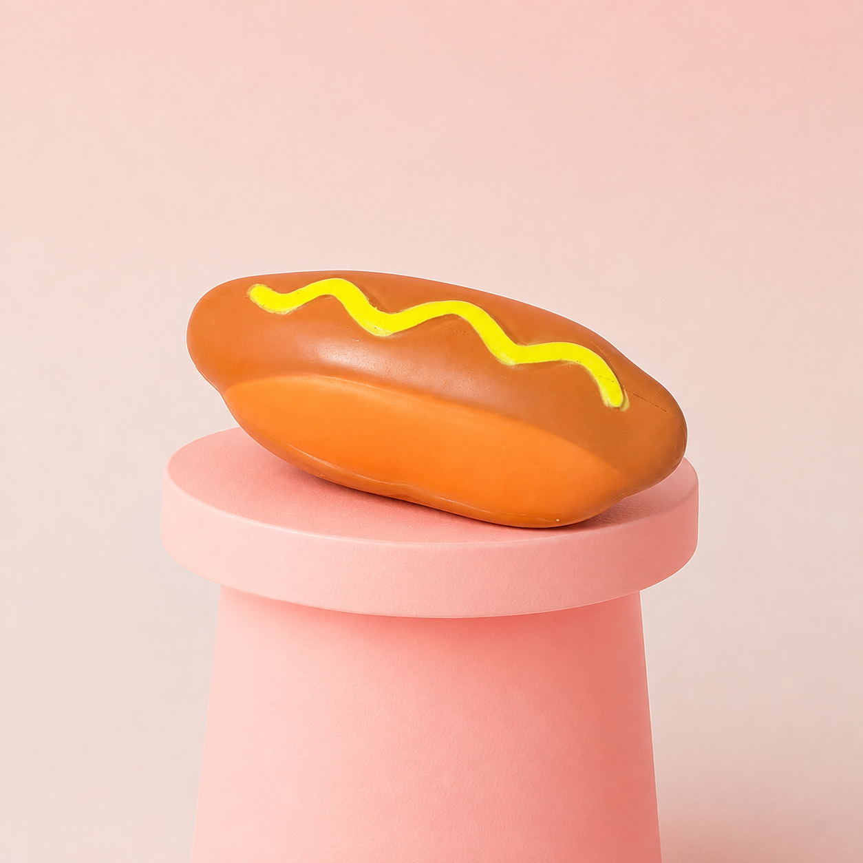 Keycraft Jumbo Hot Dog slow rising squishy displayed on a pink pedestal with realistic food details