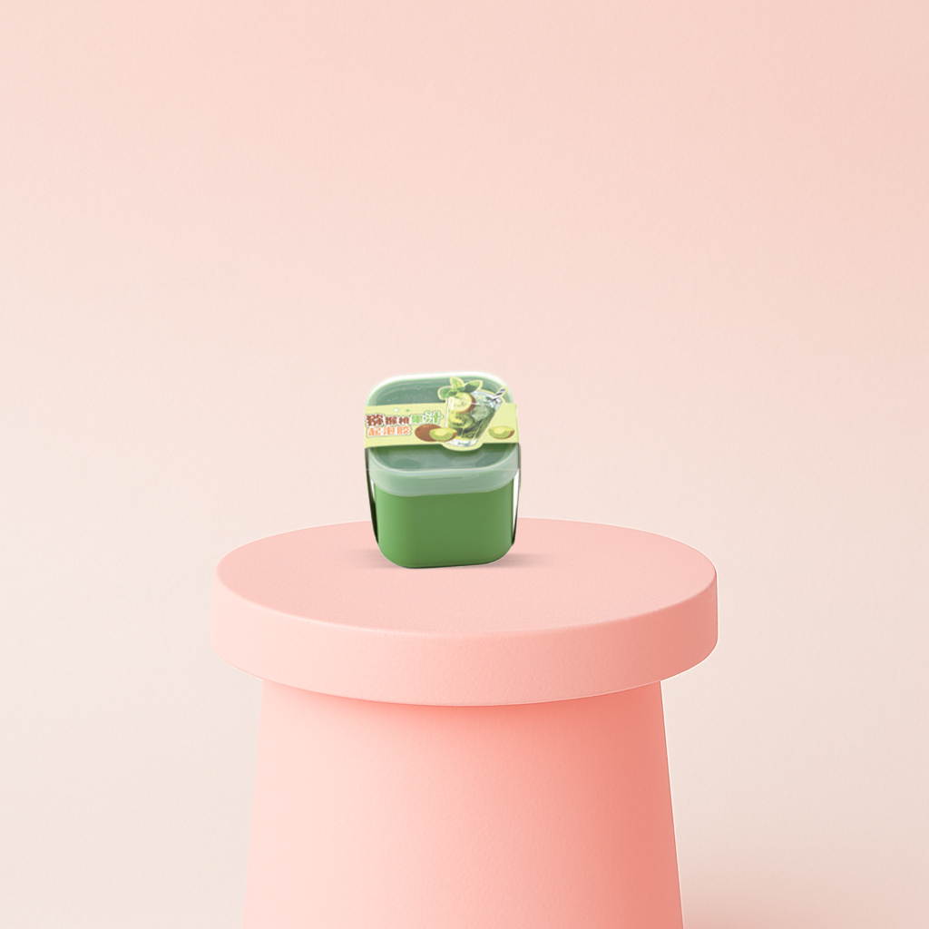 Kiwi Juice Slime soft and stretchy slime packaged in a mini kiwi juice cup container.