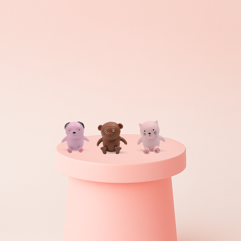 Little EVA Animals collection featuring a pink pig, pink kitten, and brown bear in miniature cartoon styles.
