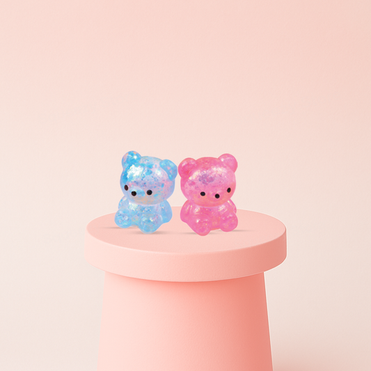Little Maltose Bear 2-piece set featuring crystal-clear teddy bear squishies filled with sparkling glitter.