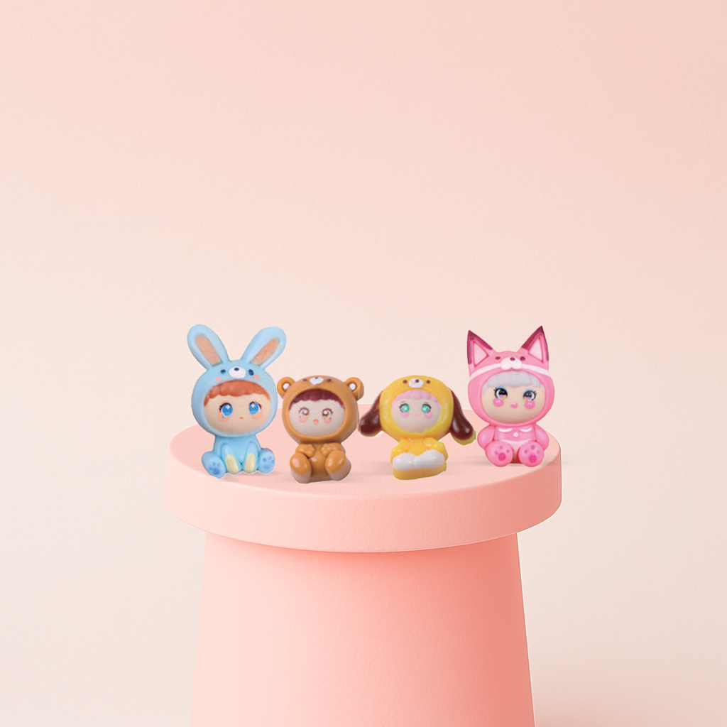 Lovely Doll Squishies featuring bunny, cat, bear, and lion costume characters, super soft slow-rising stress relief toys.