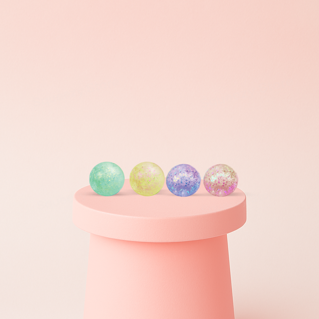 Maltose Ball with Glitter collection featuring clear jelly-like balls filled with sparkling glitter.