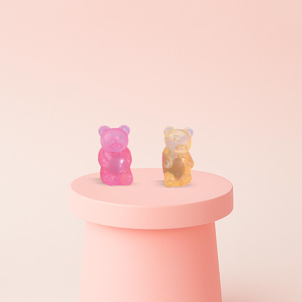 Maltose Bear collection featuring crystal-clear teddy bear-shaped squishies filled with sparkling glitter.