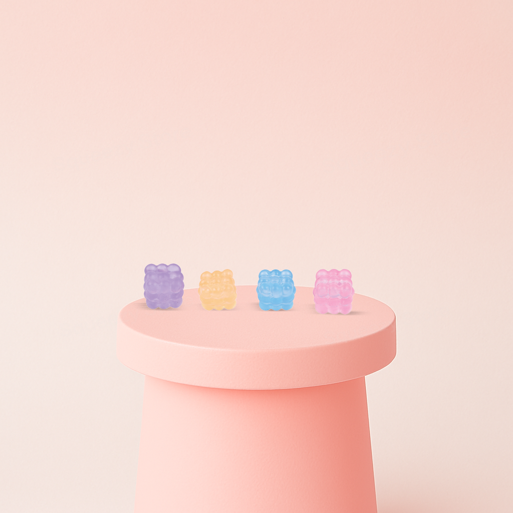 Marshmallow Maltose Cube collection featuring pastel cube-shaped squishies filled with sparkling glitter.