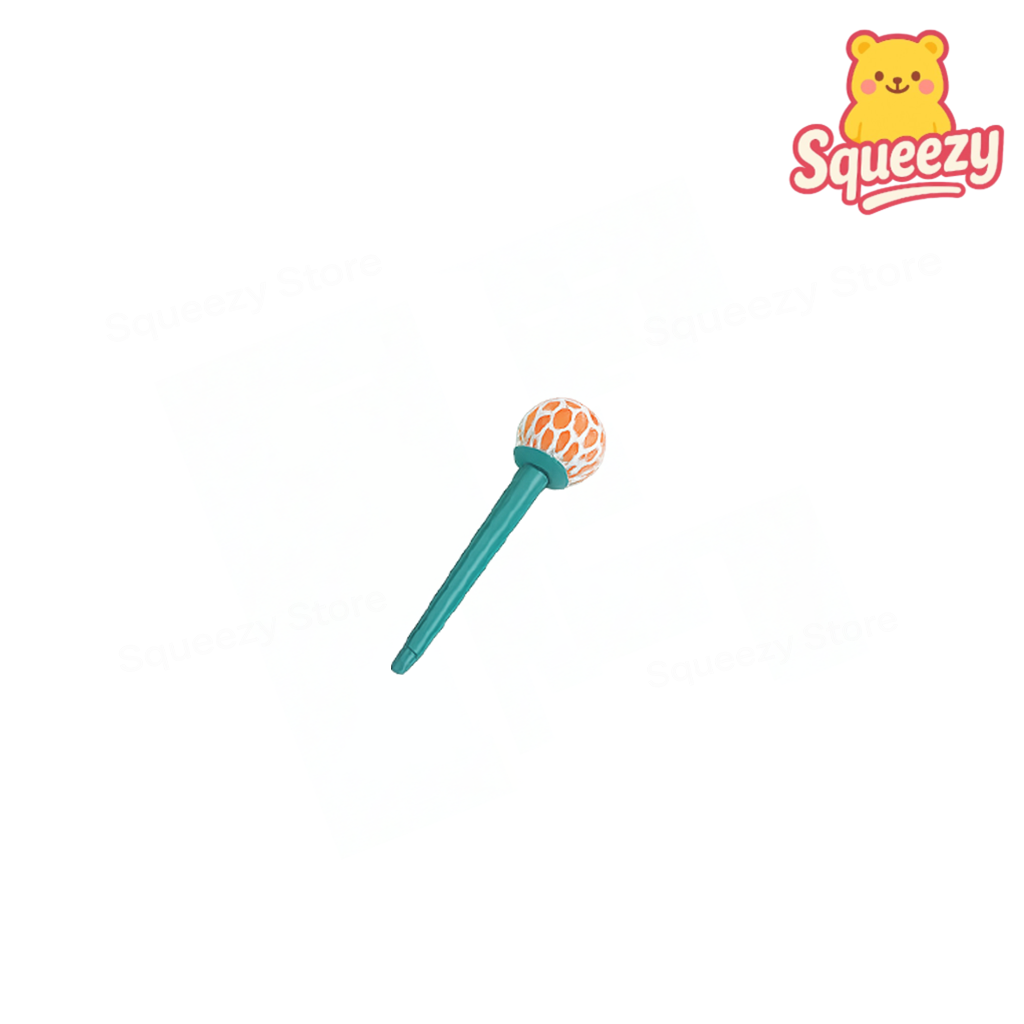 Toy mallet with textured head on a white background, featuring the 'Squeezy' brand logo.
