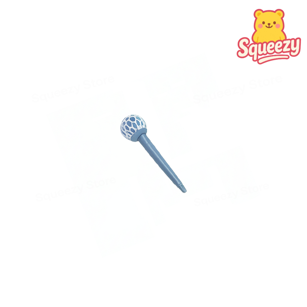 Blue textured ball with a stick on a white background, featuring the 'Squeezy' brand logo.