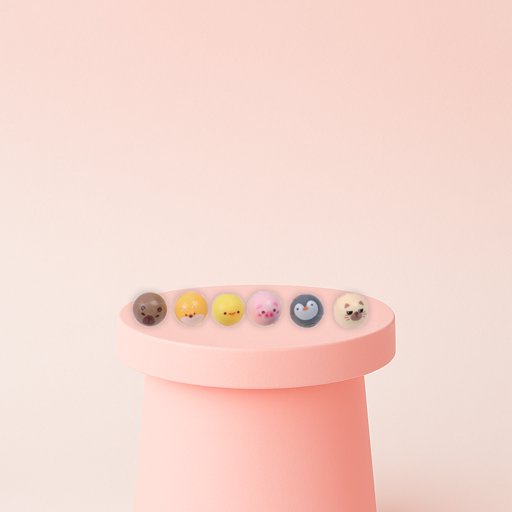Mini Animals in Blind Box collection featuring chick, pig, penguin, bear, and puppy face squishies.