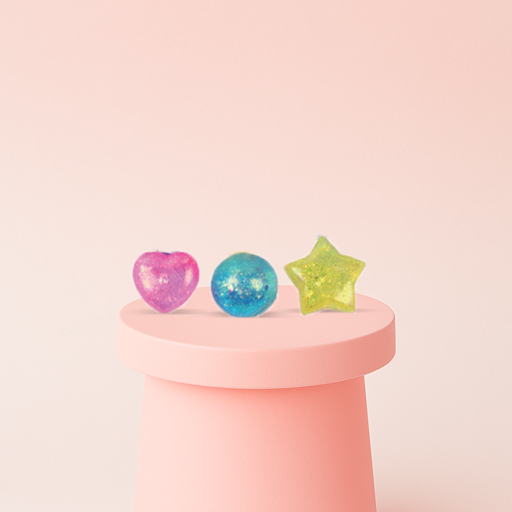 Mini Maltose Squishies 3pcs Set featuring colorful translucent heart, star, and round squishies filled with sparkling glitter.