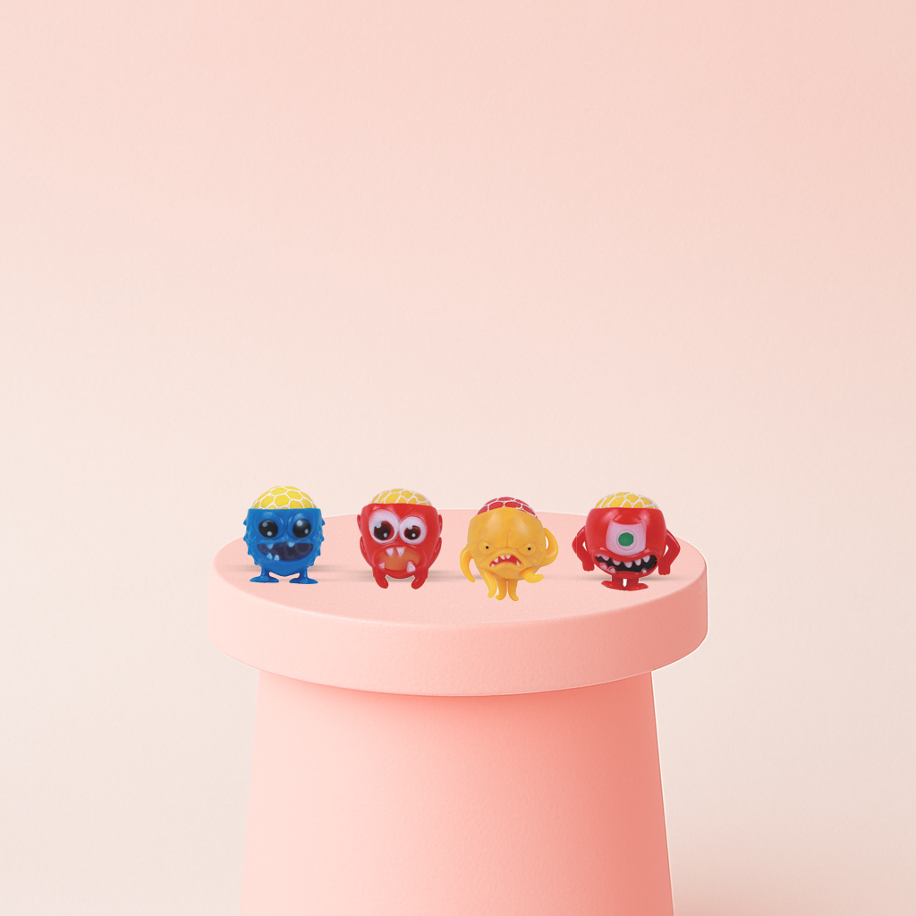 Monster Mesh Ball soft EVA stress relief toy in red, blue, and yellow monster designs.