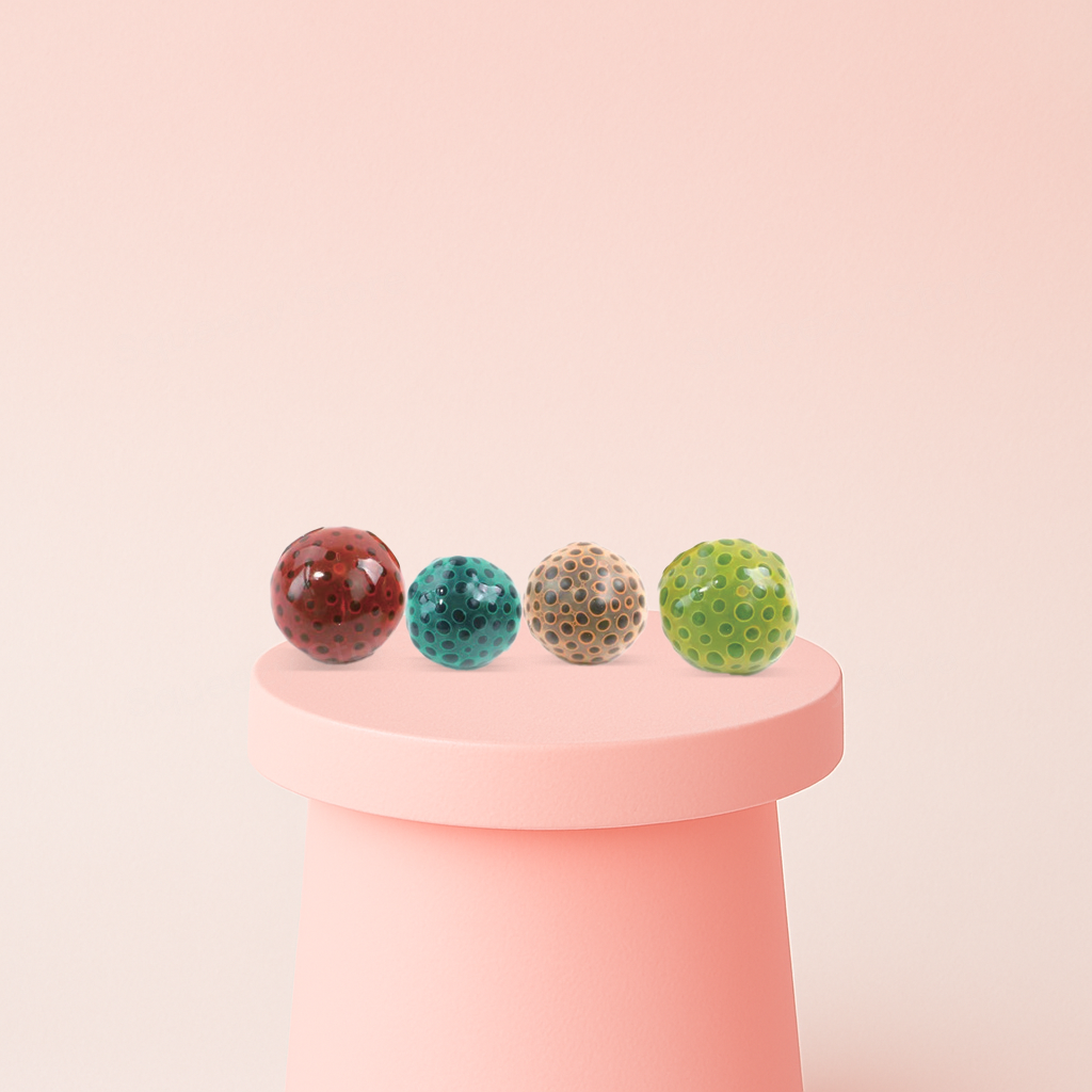 New Style Beads Ball textured stress relief toys in teal, beige, red, and lime green colors.