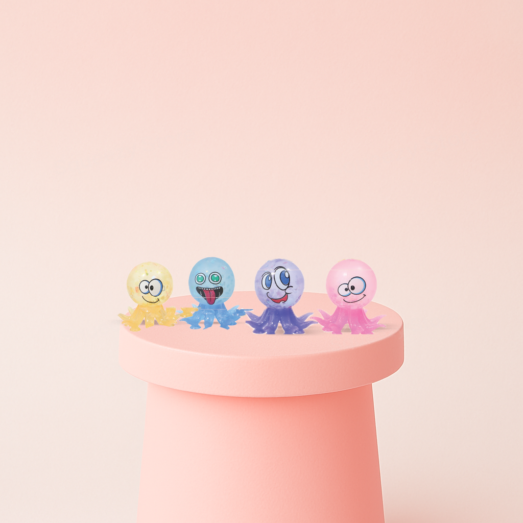 Octopus with Suction Cup soft EVA stress relief toy in blue, yellow, purple, and pink octopus designs.