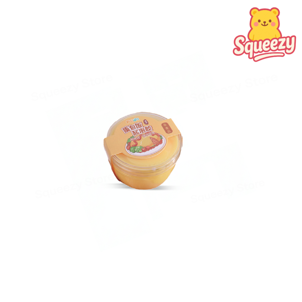 Omelette Slime collection featuring food-themed slime cups designed to look like a mini omelette dish.