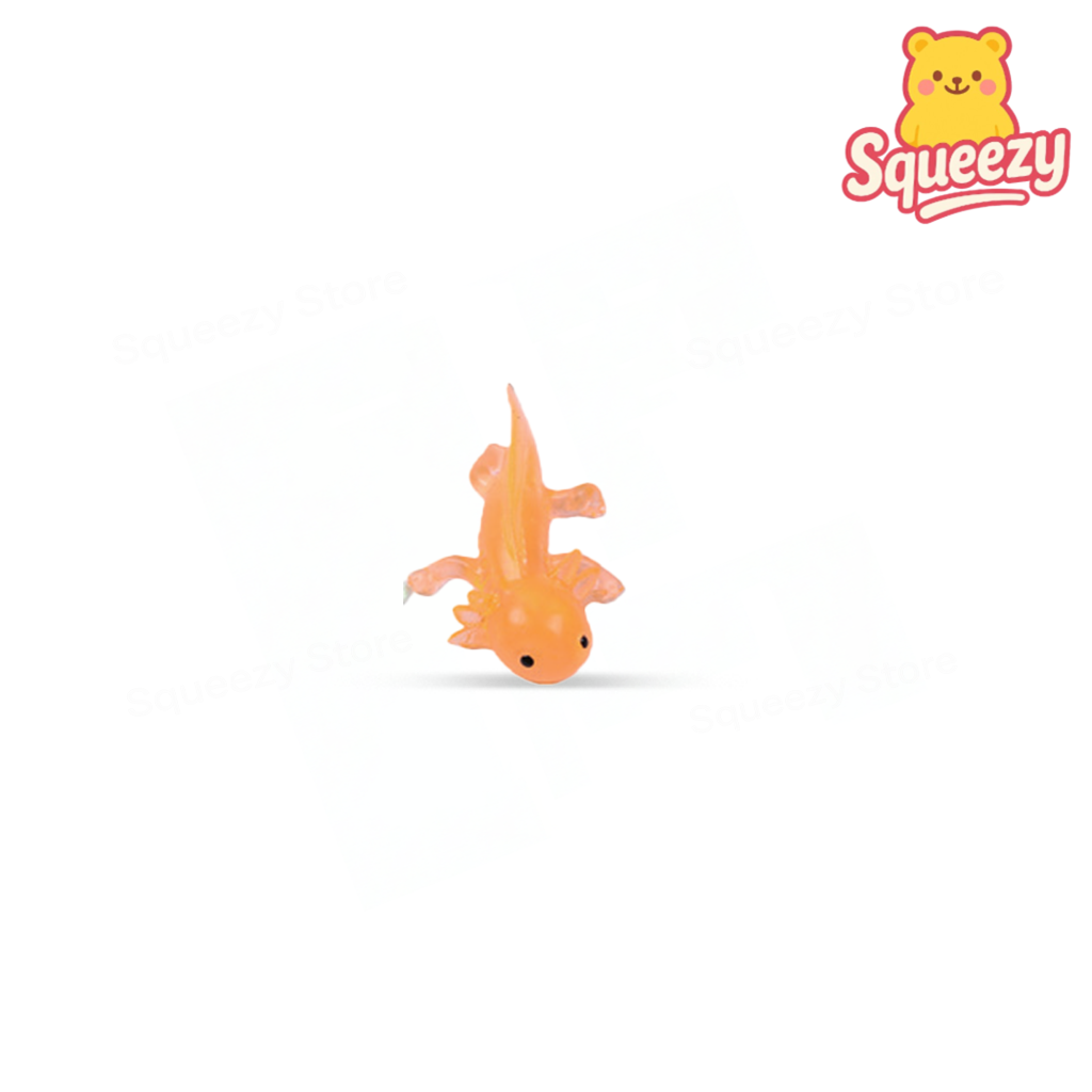 Orange Axolotl Squishy soft stress relief toy with clear pastel body and smiling face.