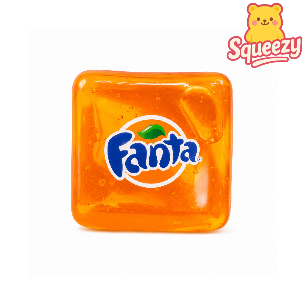 Orange Fanta soda cube squishy with glossy translucent texture on a white background