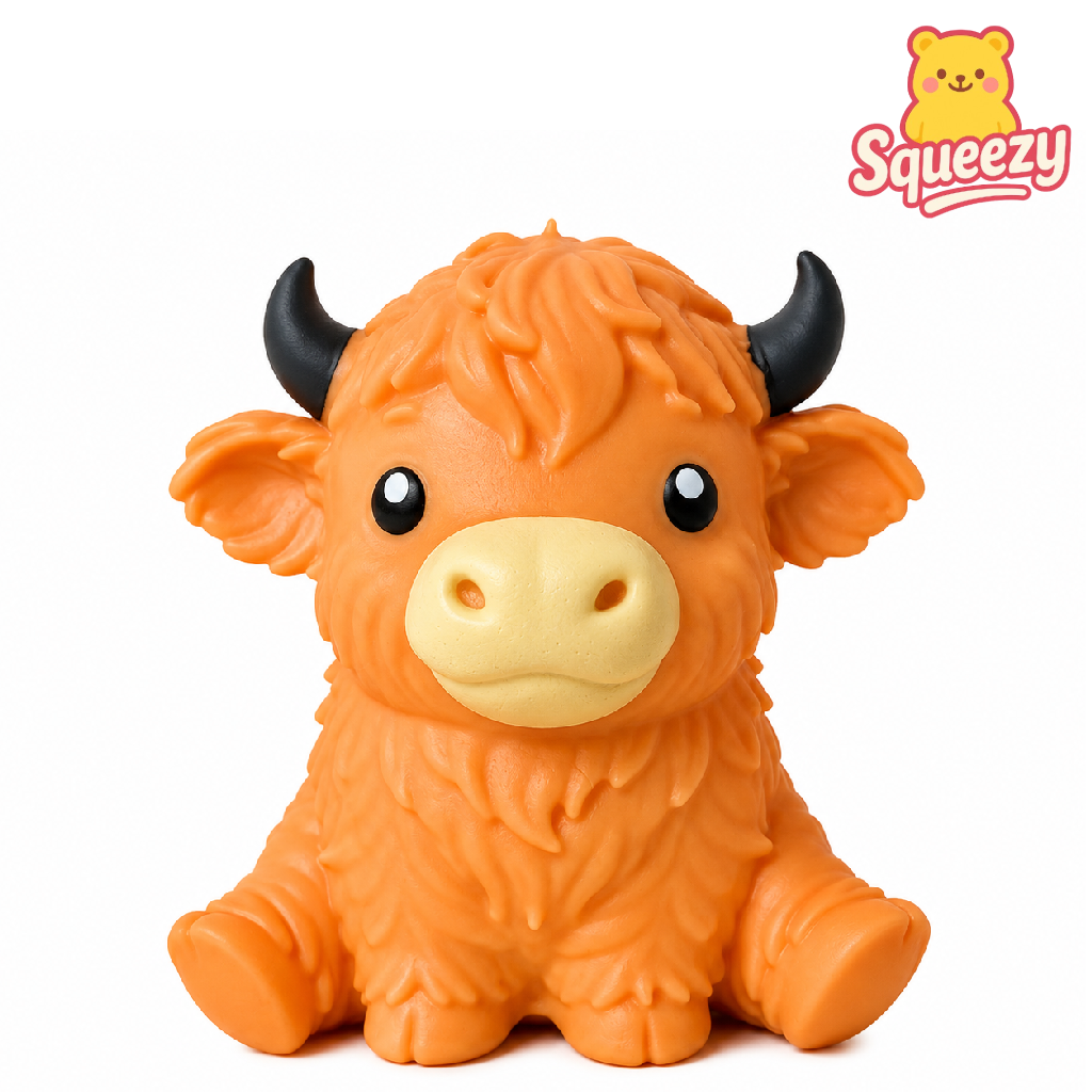 Orange Highland Cow Jumbo Squishy featuring soft textured fur and cute horns – giant slow rising squishy
