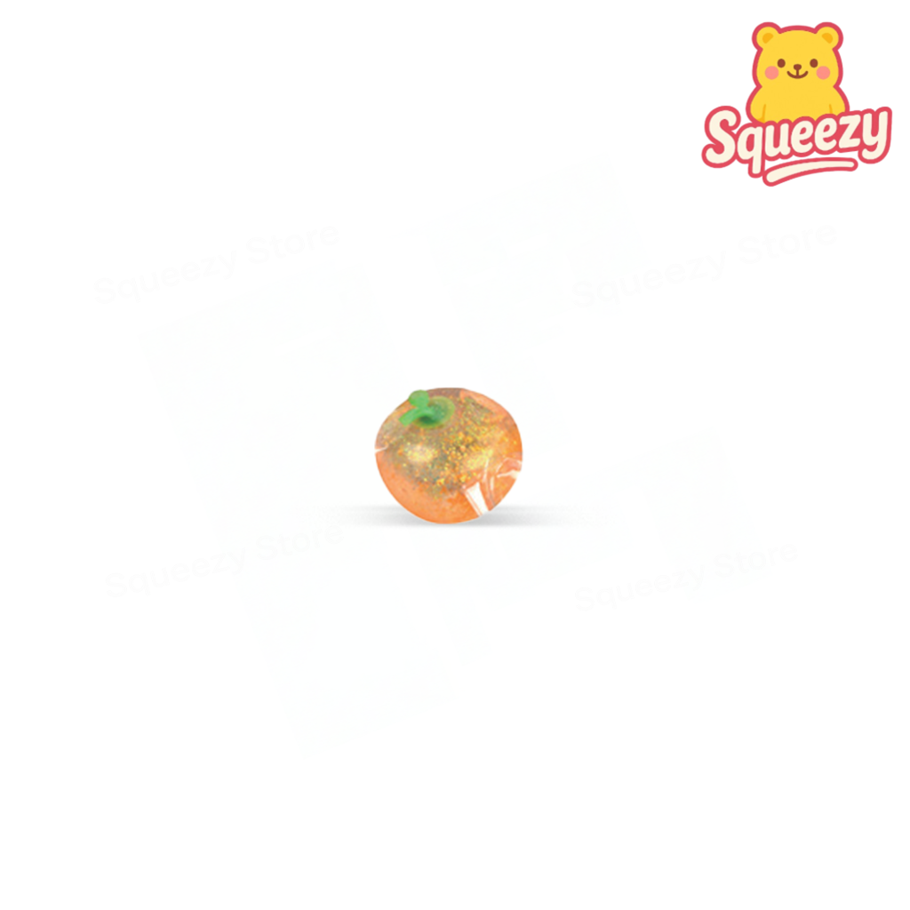 Orange Squishy Fruits with Maltose squeezable fruit toy with translucent glitter filling.