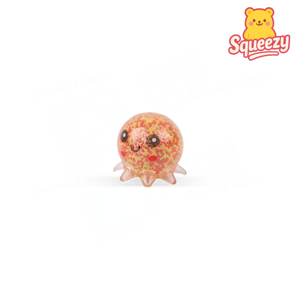 Orange Squishy Octopus with Beads soft EVA stress relief toy filled with colorful beads.