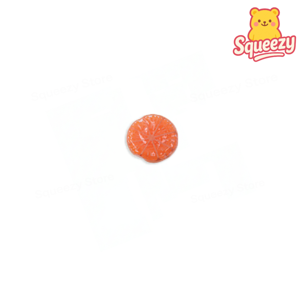 Orange gummy bear with 'Squeezy' logo on a white background
