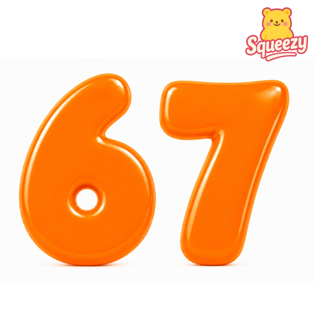 Two glossy orange inflatable number balloons, forming the number 67, displayed on a clean white background with a Squeezzy brand logo in the top right corner.