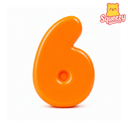 An orange number 6 silicone baby teether or pacifier clip on a white background, featuring a 'Squeezy' brand logo in the top right corner.