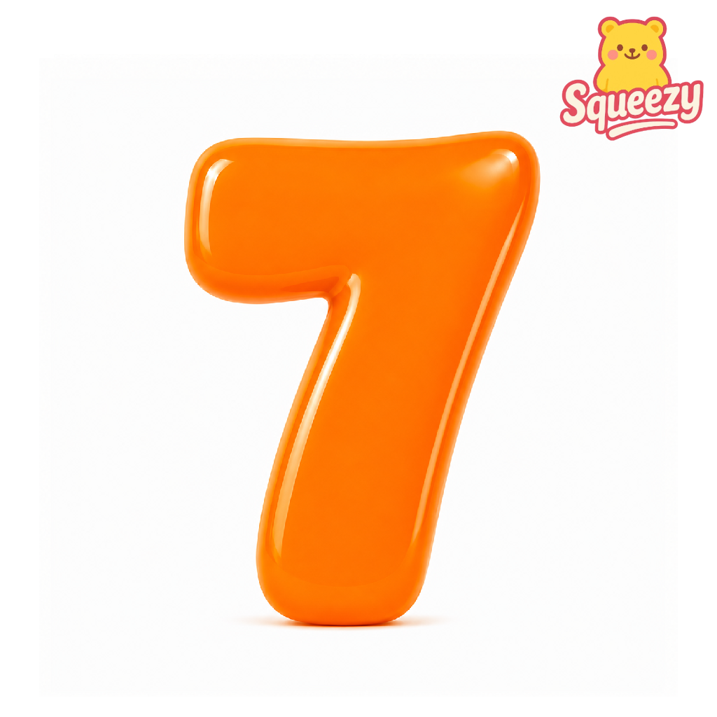 An orange inflatable number 7 balloon on a white background, with a Squeezzy brand logo in the top right corner.