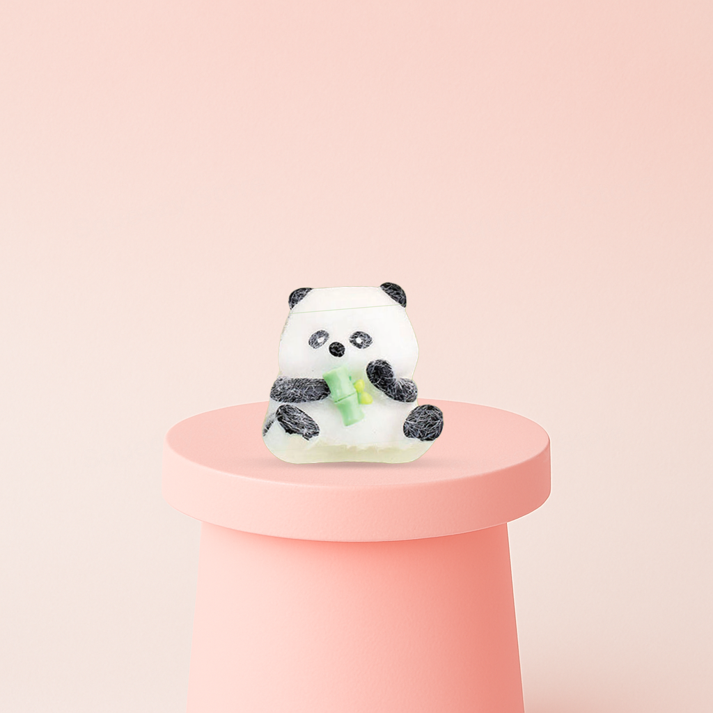 Panda Squishy holding bamboo displayed on a pastel stand, ultra-soft slow-rising sensory toy for stress relief.