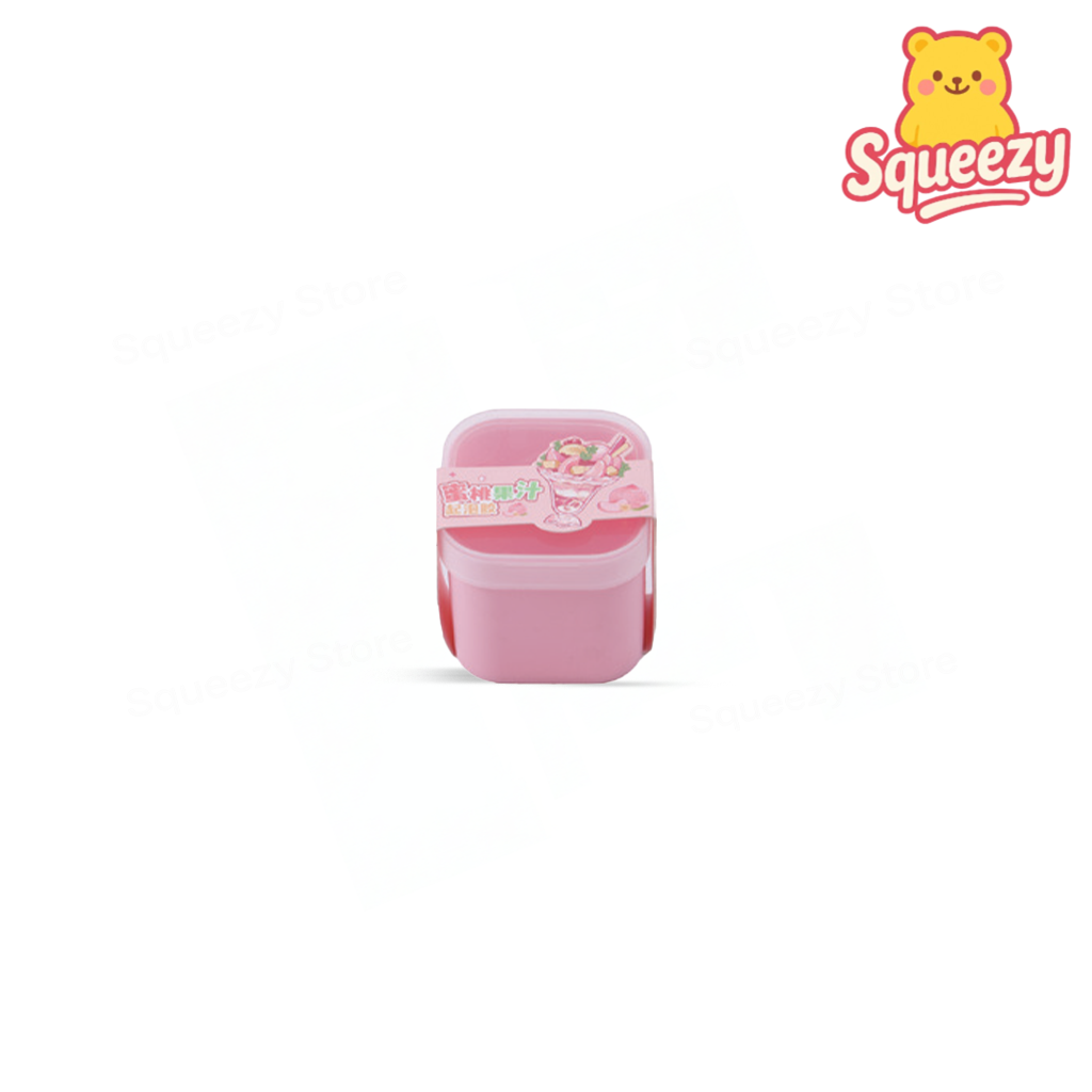 Peach Juice Slime soft and stretchy slime packaged in a mini peach juice cup container.