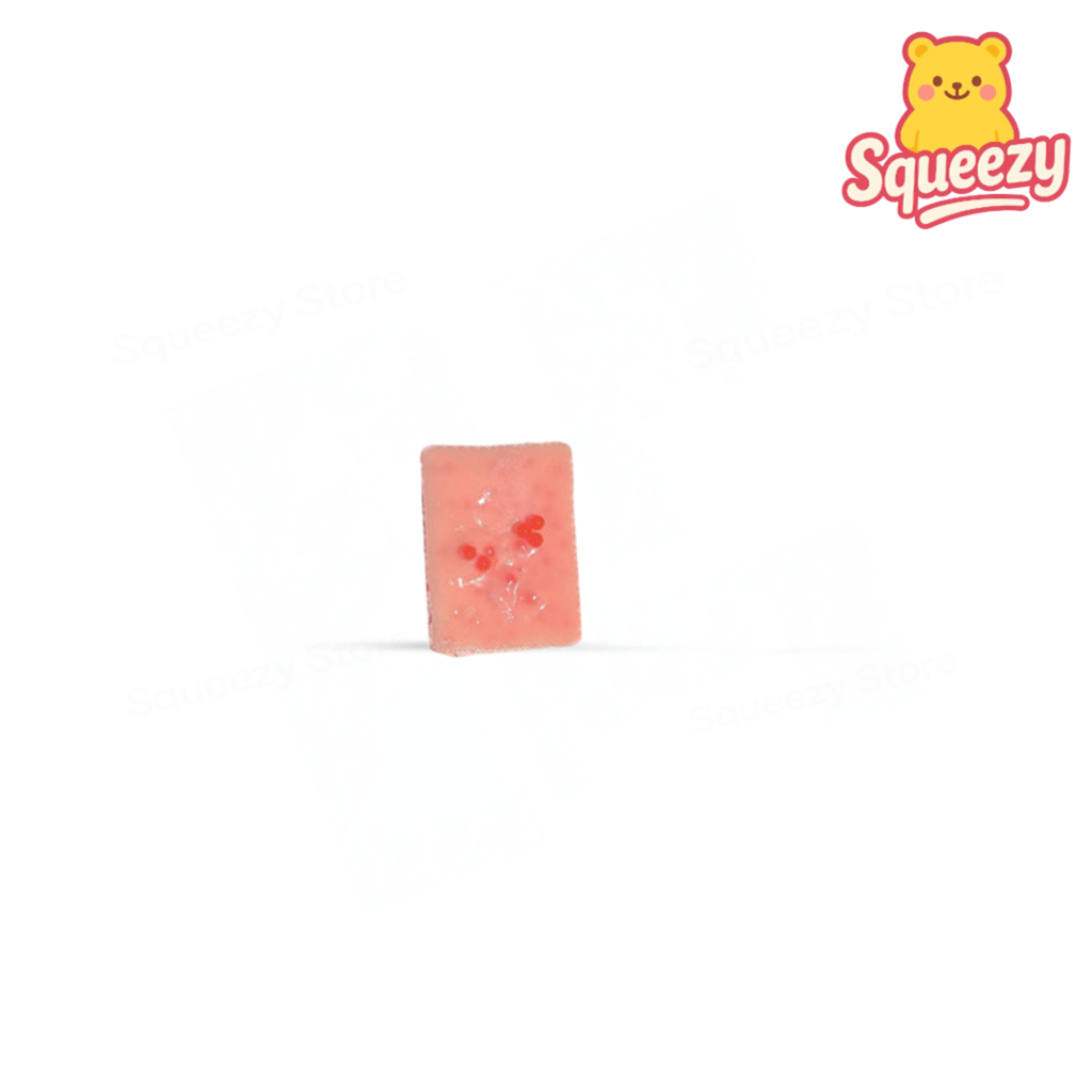 Pimple-Popping Squishy soft sensory toy with pink rectangular shape and raised pimple-like bumps.