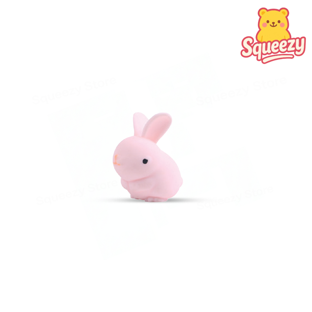 Pink Lucky Bunny soft EVA stress relief toy with black eyes and long upright ears.