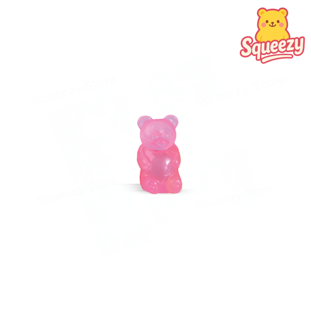 Pink Maltose Bear glitter stress relief toy shaped like a translucent teddy bear.