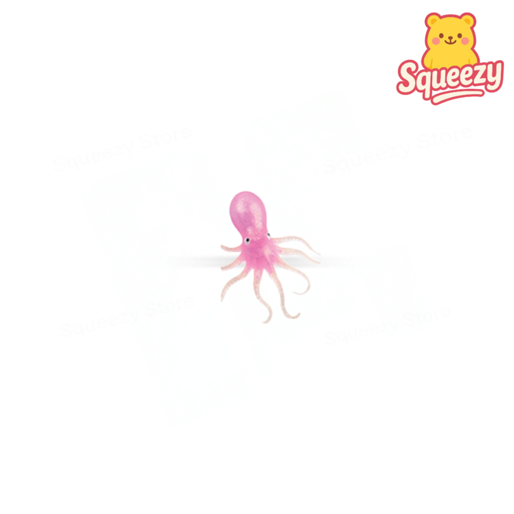 Pink Squishy Squid soft sensory toy with sparkling translucent body and soft tentacles.