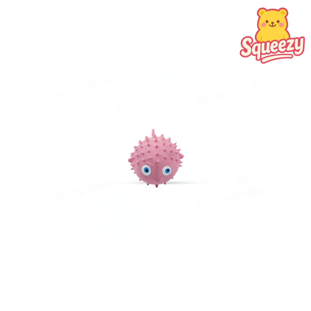 Pink Water Splashing Fish soft EVA stress relief toy with cute cartoon eyes and textured body.